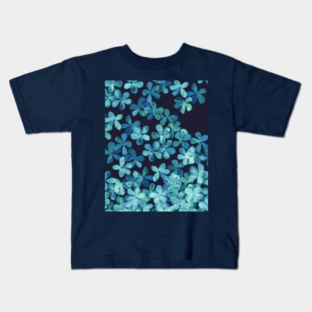 Hand Painted Floral Pattern in Teal & Navy Blue Kids T-Shirt by micklyn